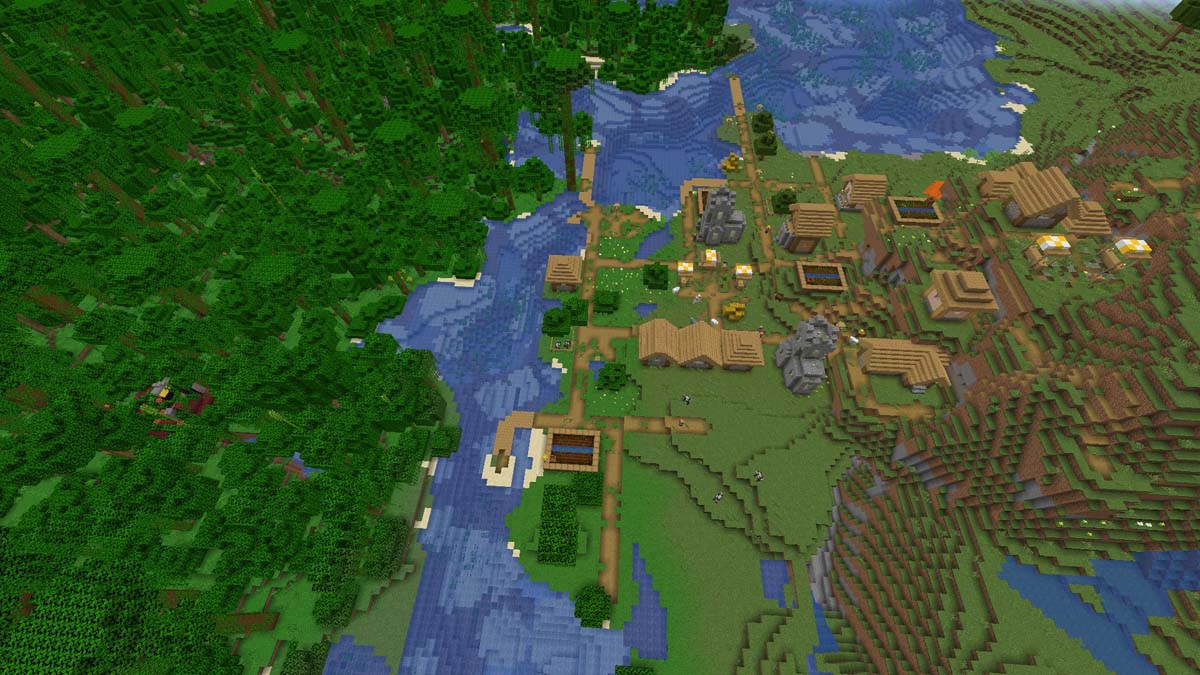 露出した廃墟のポータルがある Minecraft の村