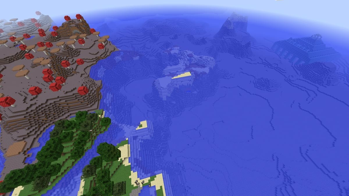 Mushroom island and ocean monument in Minecraft