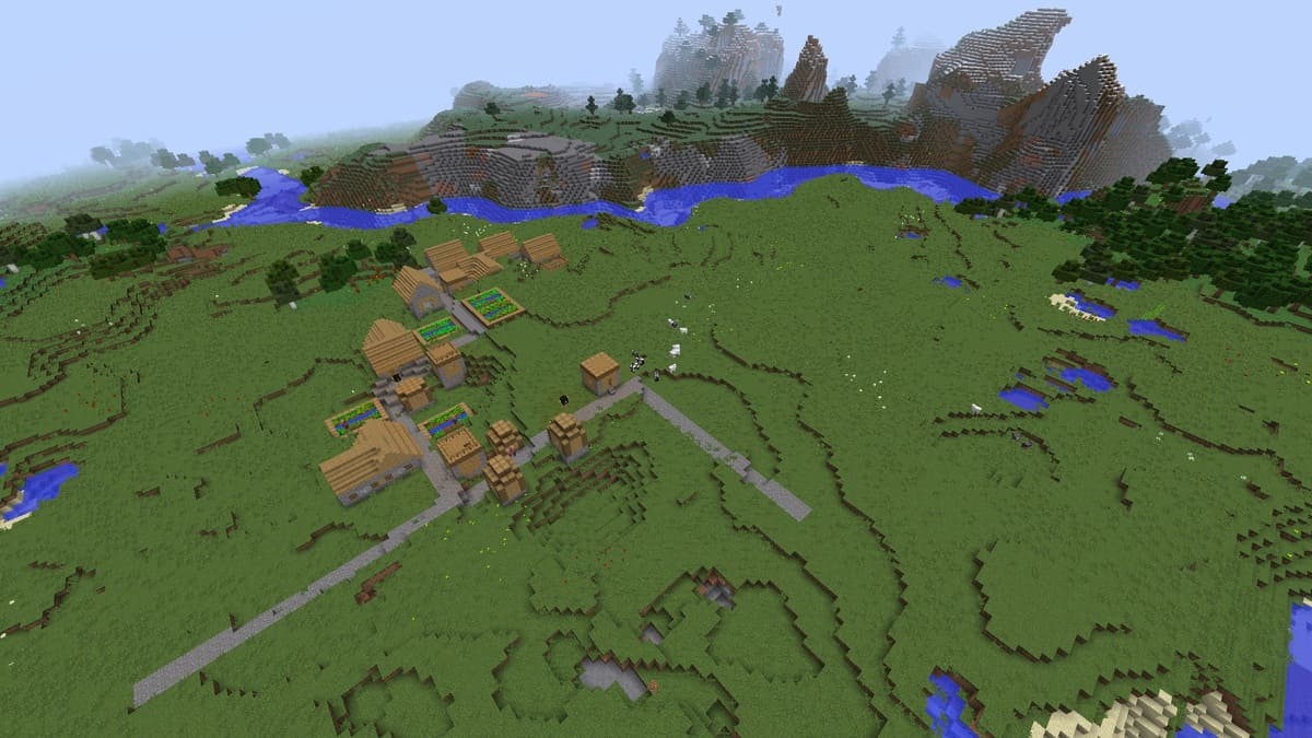 Tall mountains and village in Minecraft