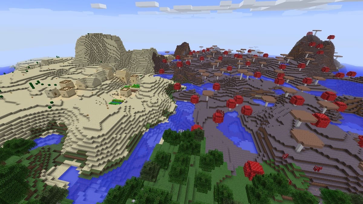Mushroom fields and village in Minecraft