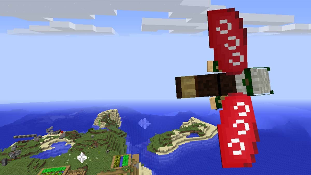A red bird flying over a village in Minecraft