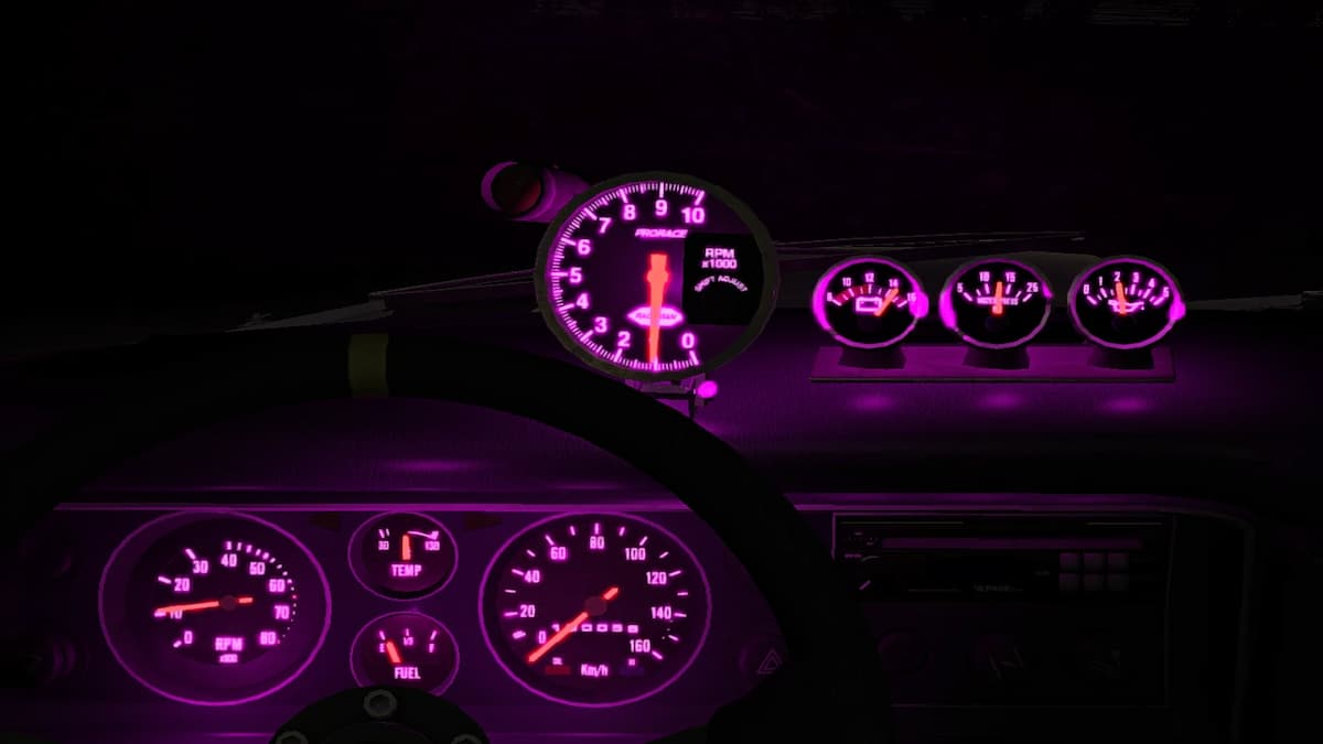 Colorful lit up gauges in car in My Summer Car