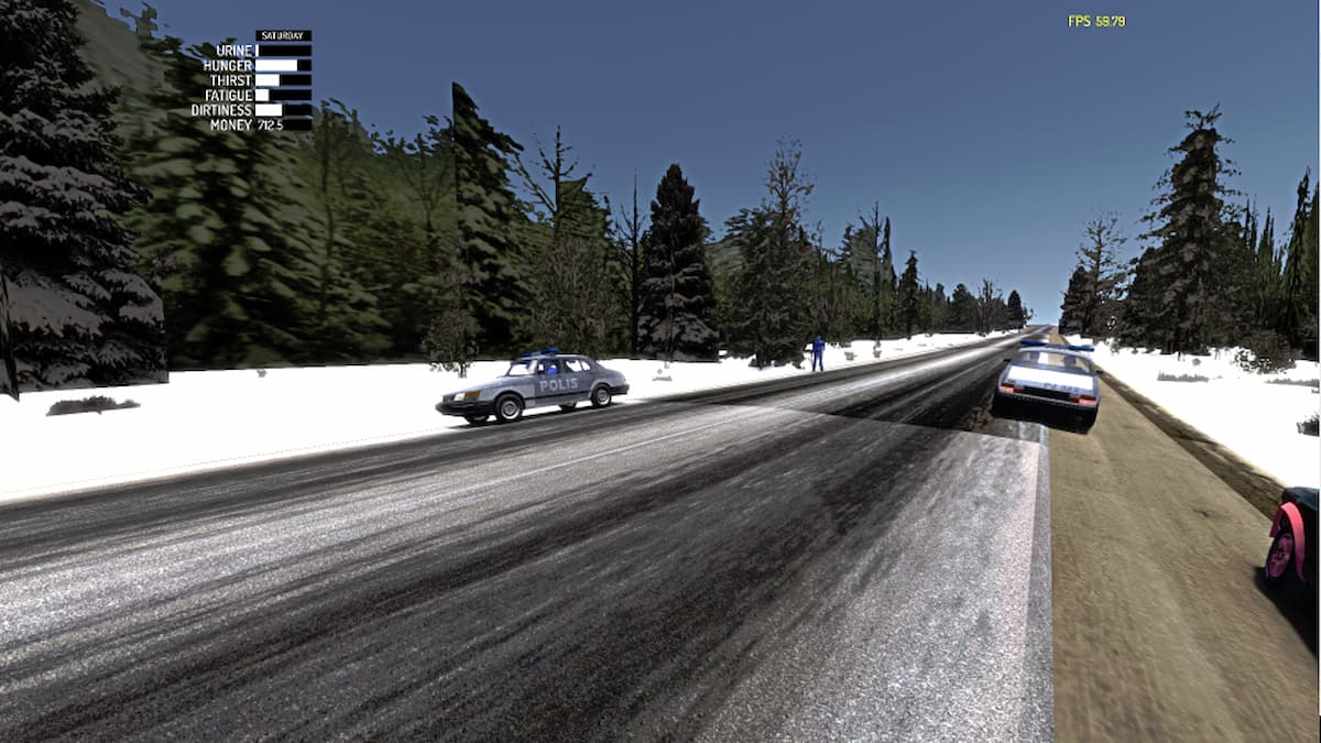 Winter scenery in My Summer Car with snow on the sides of the road