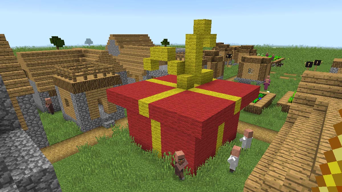 A huge red present box in Minecraft
