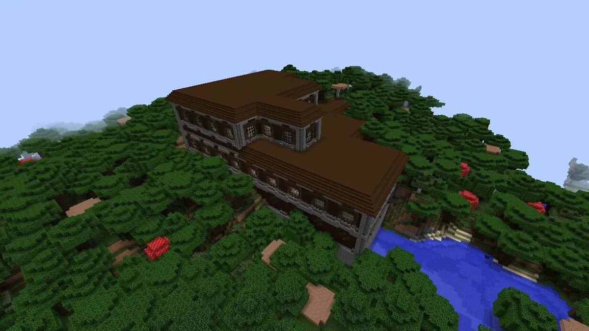Woodland mansion on a river in Minecraft