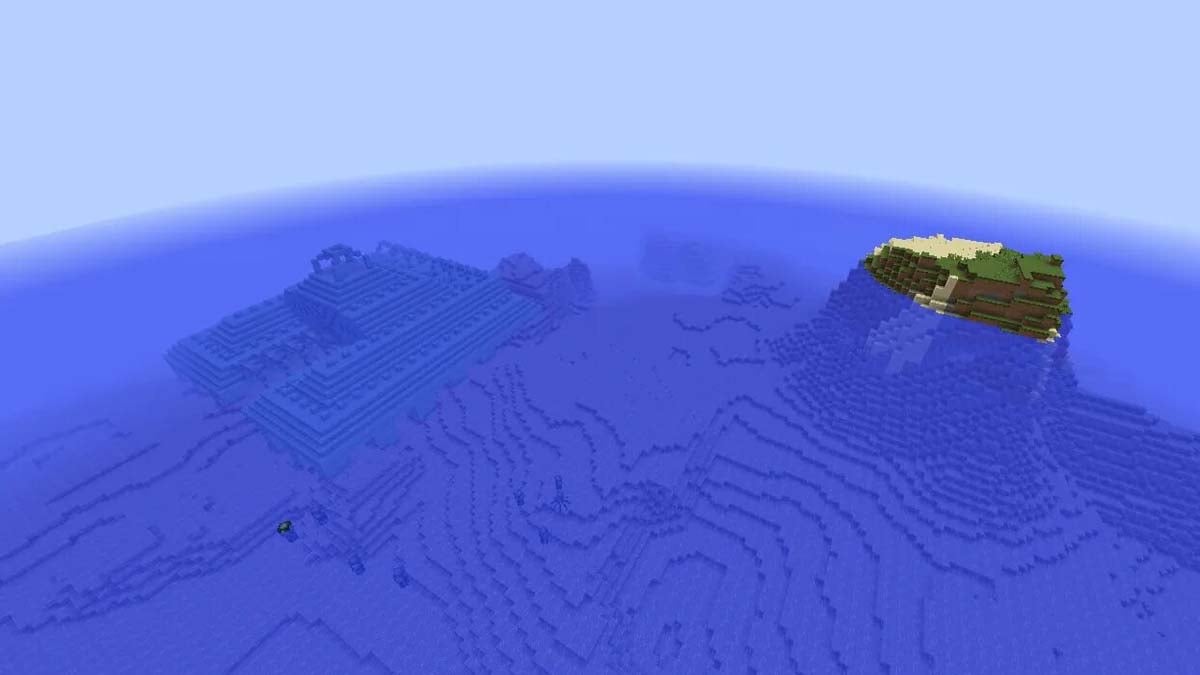 Ocean monument near an island in Minecraft