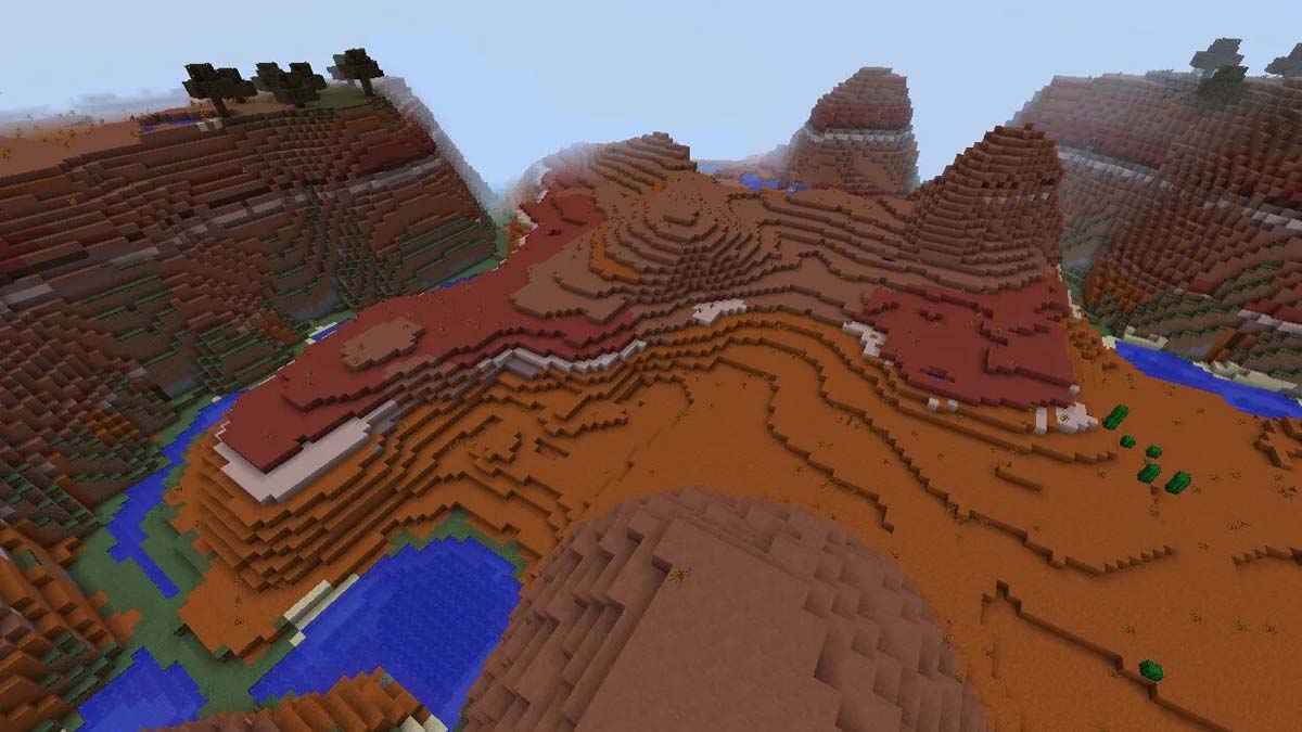 Wooded badlands and river in Minecraft