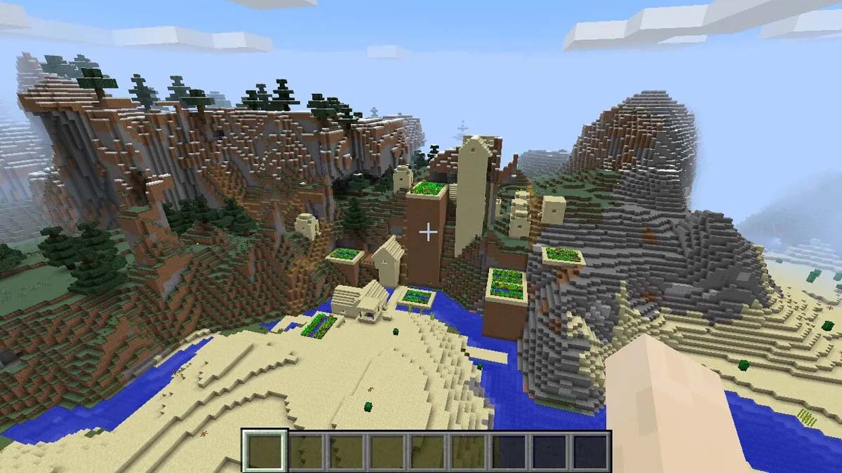 Minecraft の雪に覆われた丘と砂漠の村