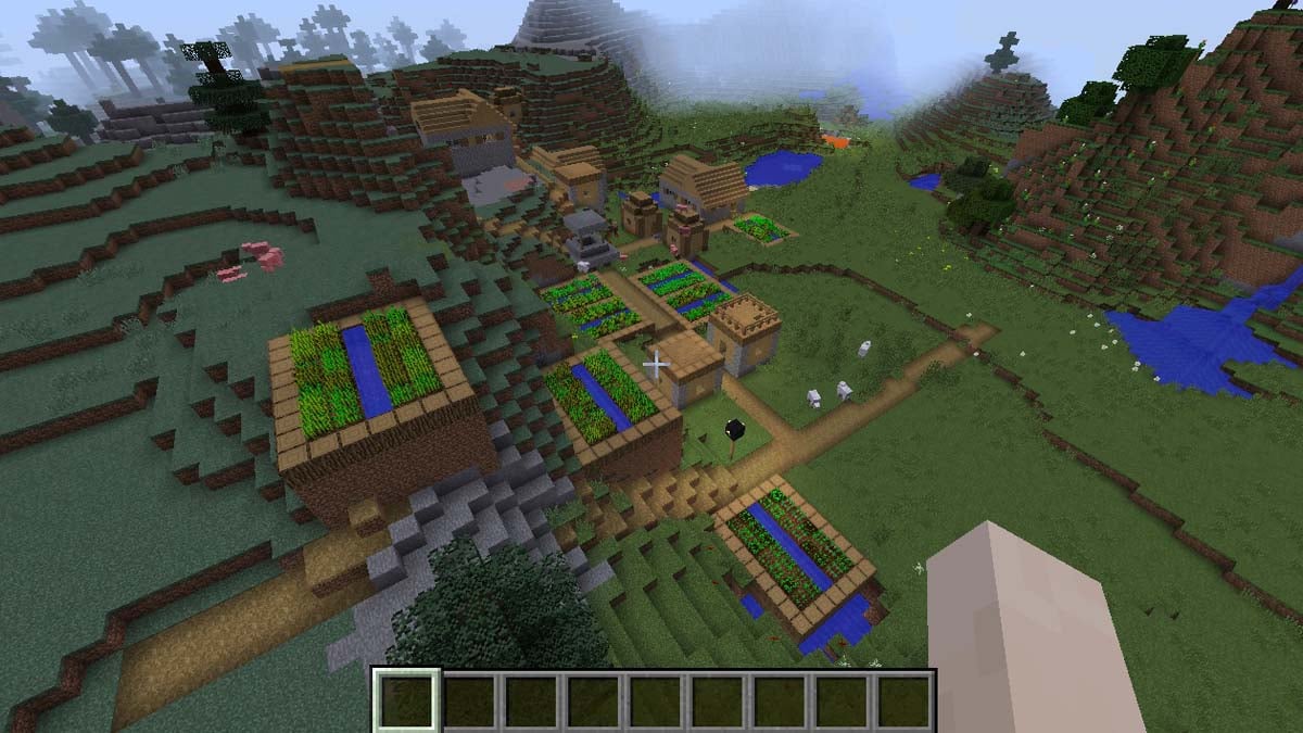 Farms on a cliffside village in Minecraft