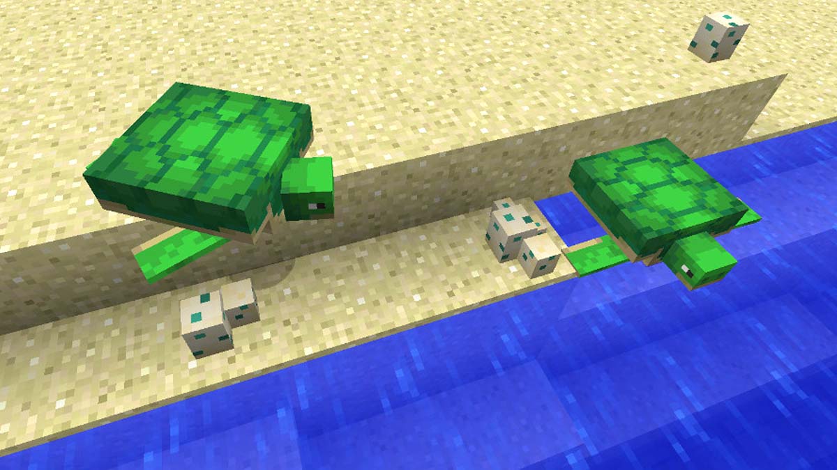 Turtles with eggs on the beach in Minecraft