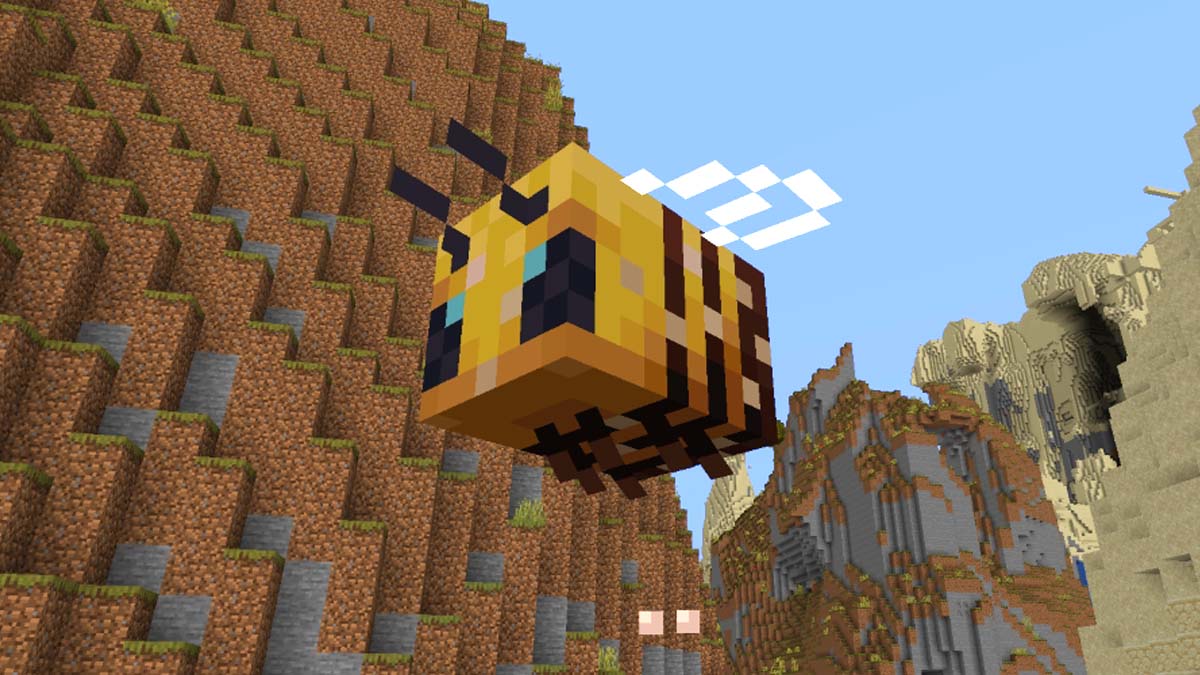 A giant bee flies through the canyon in Minecraft