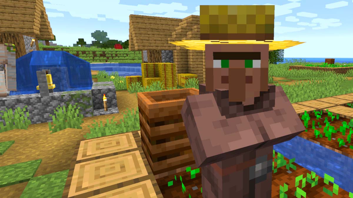 Villager works on a farm in Minecraft