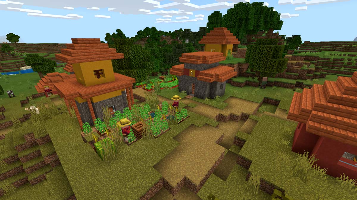 Villagers work on a farm in Minecraft