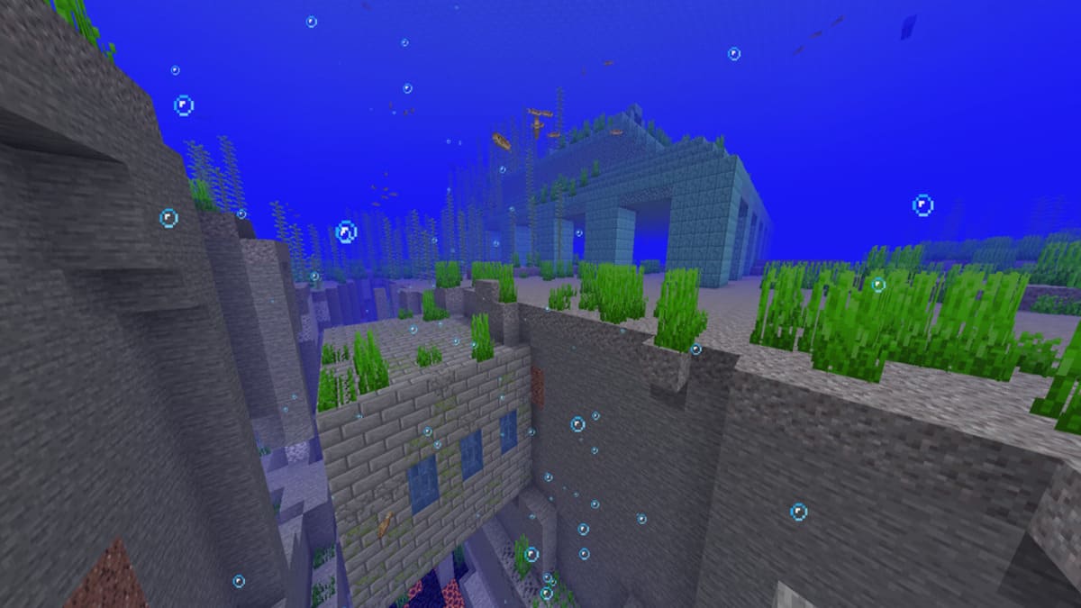 Exposed stronghold and ocean monument in Minecraft