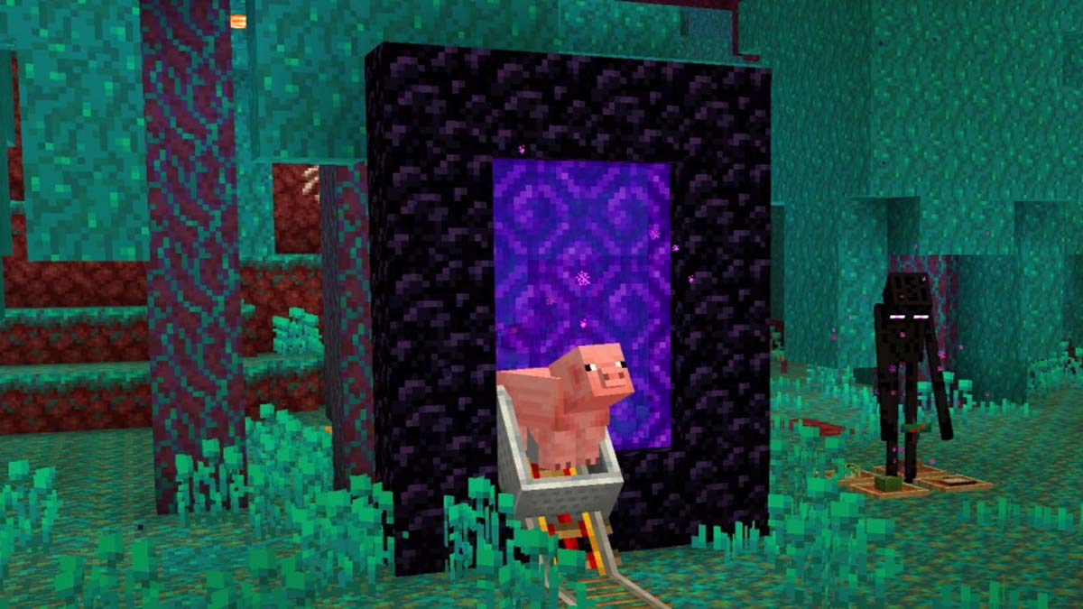 Pig rides out on a cart from a nether portal in Minecraft