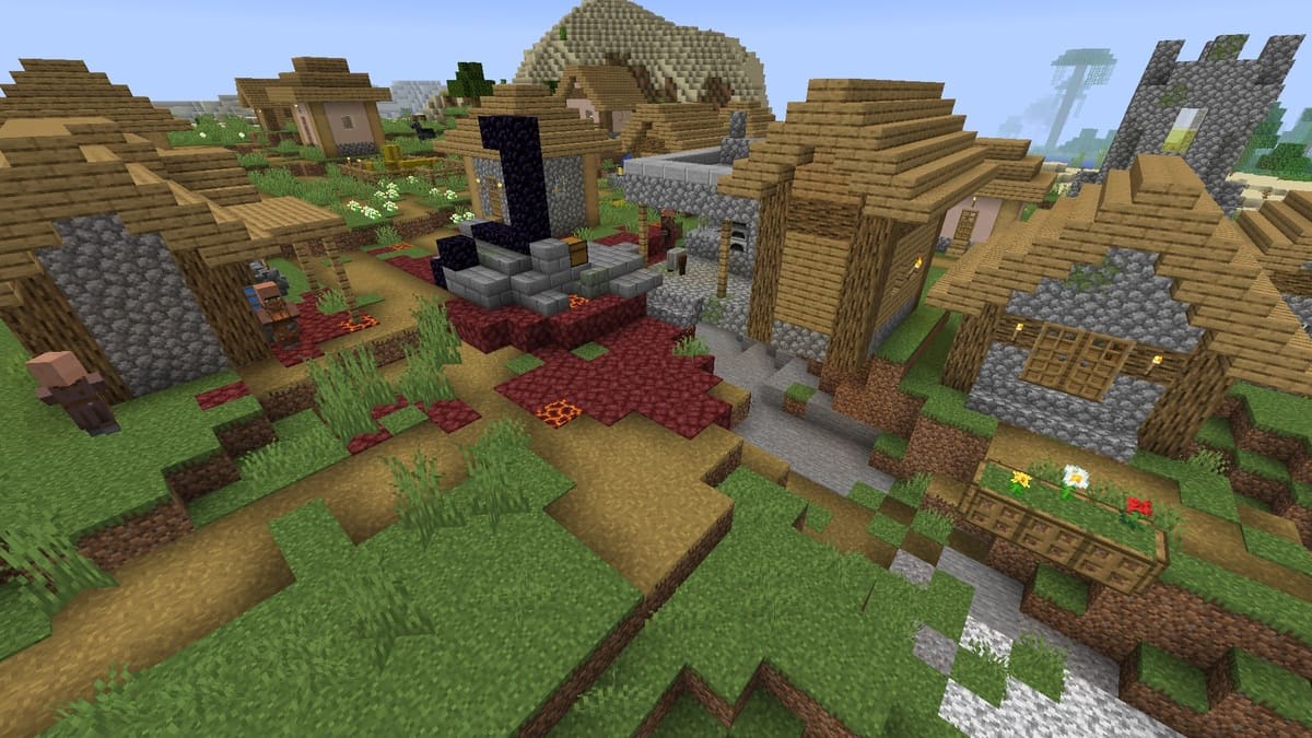 Ruined portal and village in Minecraft