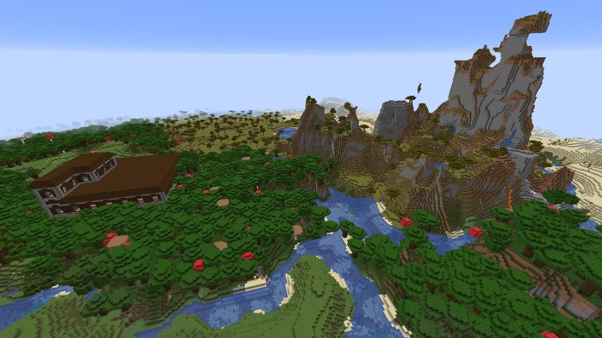 Woodland mansion and shattered savanna in Minecraft