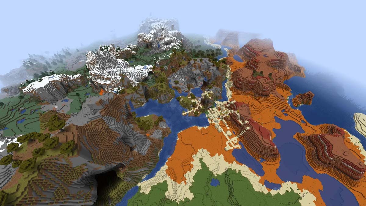 Various biomes and village in Minecraft
