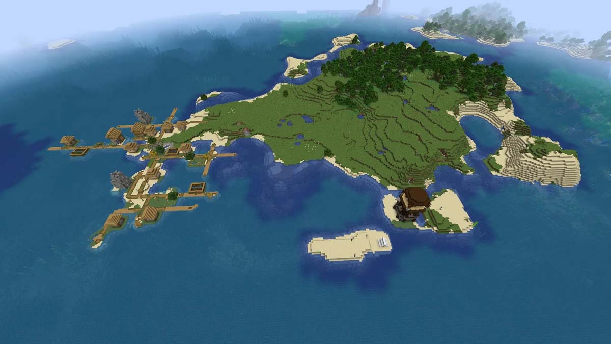 Pillager outpost and island village in Minecraft