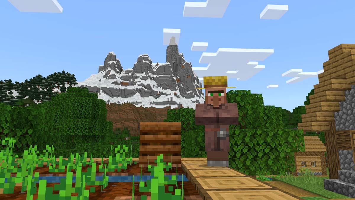 Villager stands in the farm against the mountain backdrop in Minecraft
