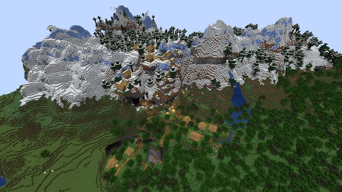 Schneebedeckte Hügel und Dorf in Minecraft
