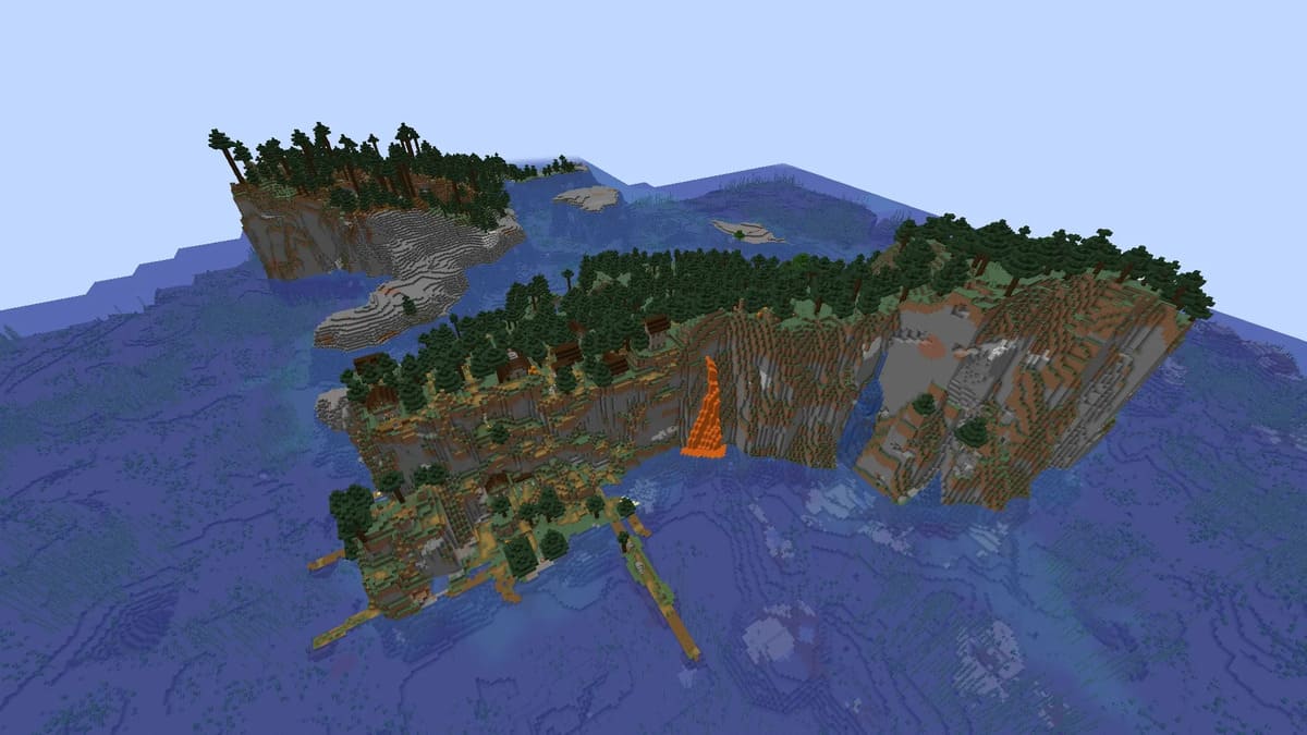 Lavafall and village in Minecraft