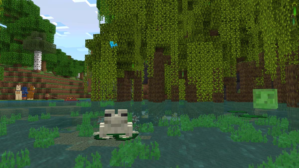 A frog sits on the mangrove swamp in Minecraft