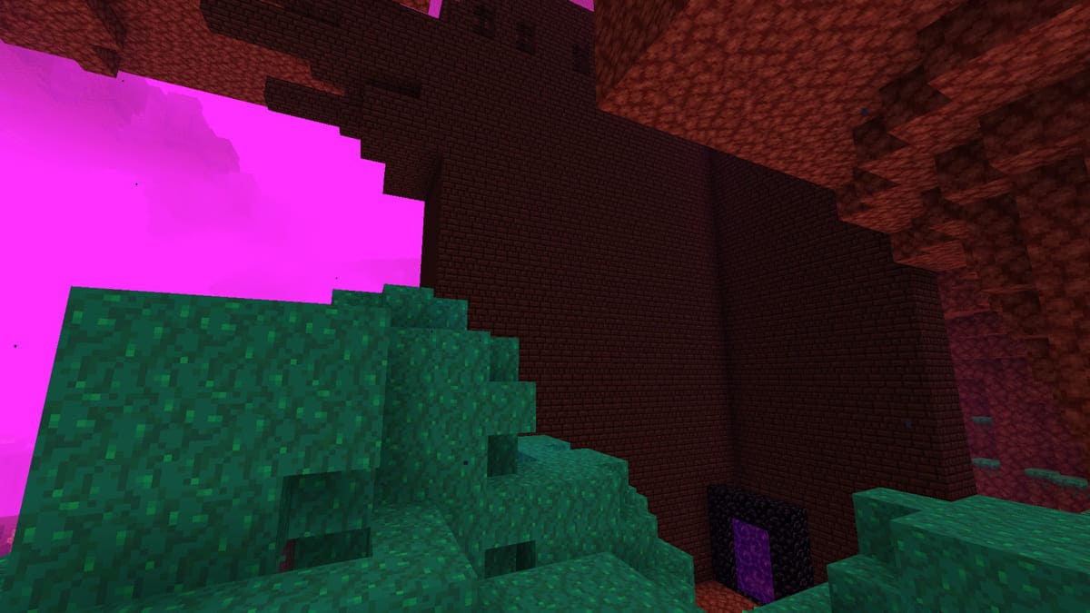 Exposed ruined portal and nether frotress in Minecraft