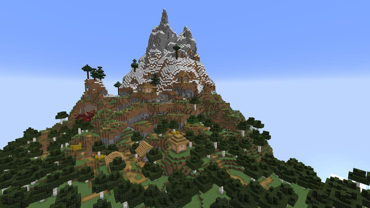 Schneebedeckte Hänge und Dorf in Minecraft
