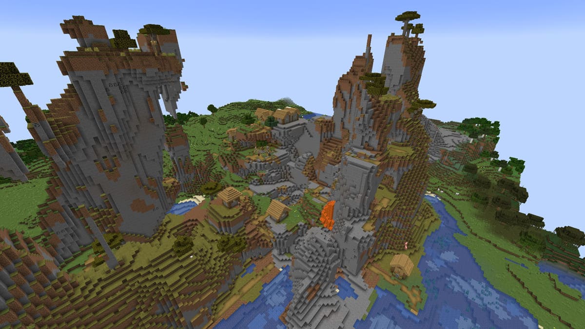 Minecraft の風に吹かれた丘と村