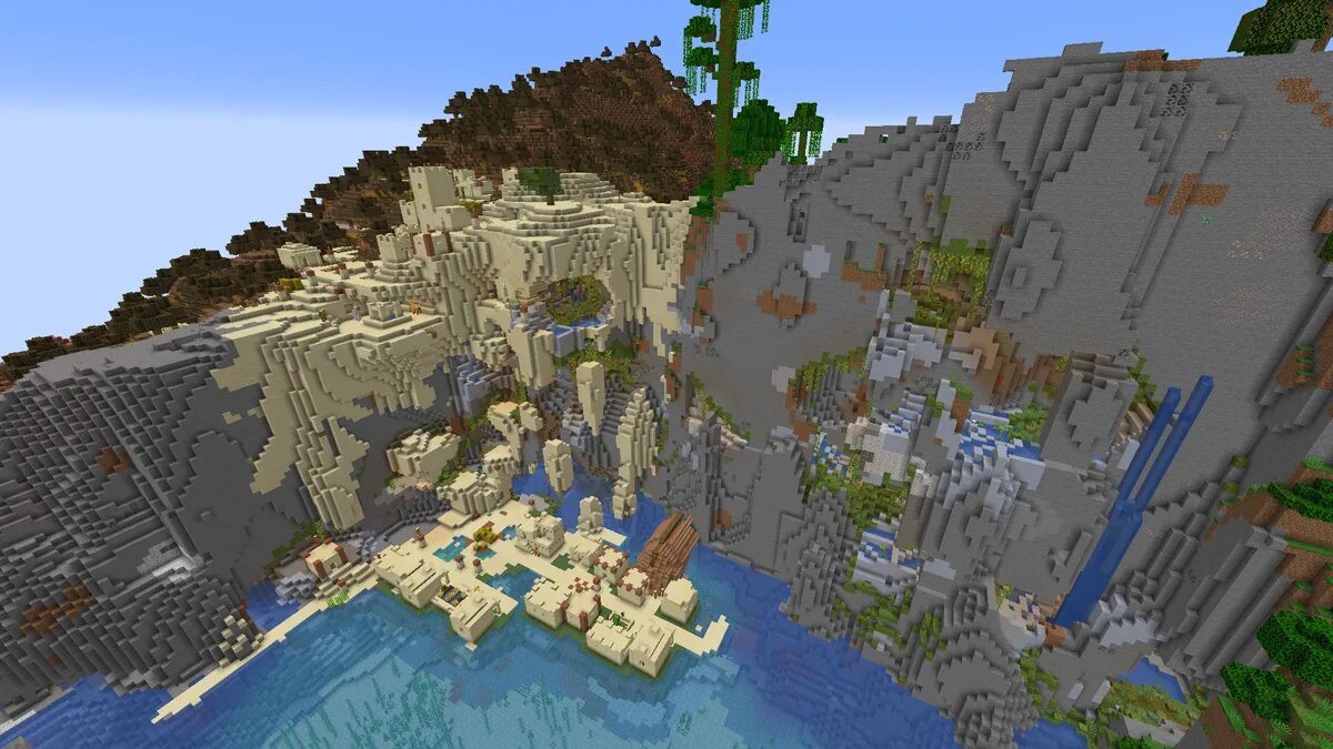 Biome cliffs and village in Minecraft