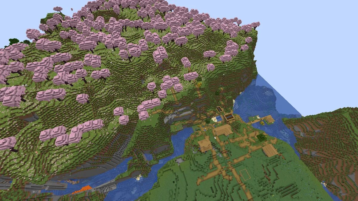 Cherry grove and village in Minecraft