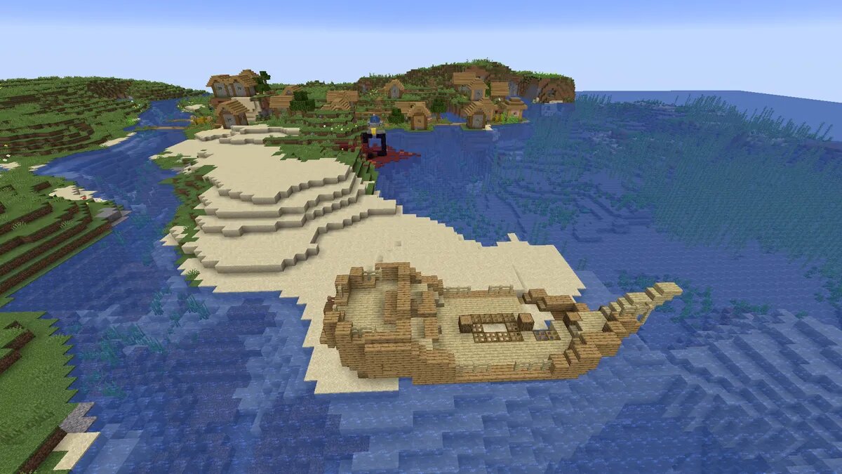 Shipwreck and village in Minecraft