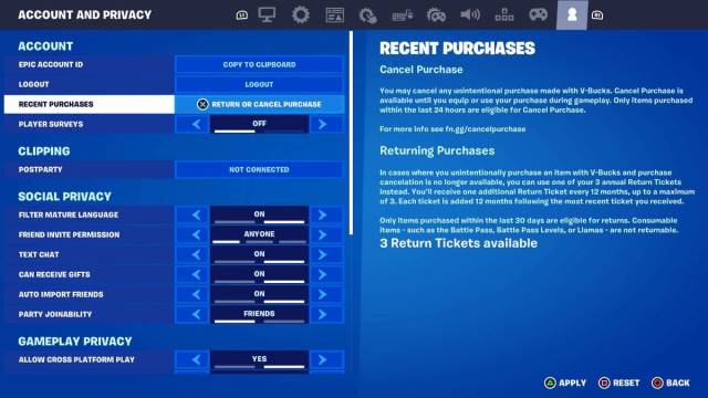 Fortnite's account and privacy menu page