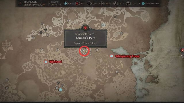 Diablo 4 Eriman's Pyre Stronghold  map location marked