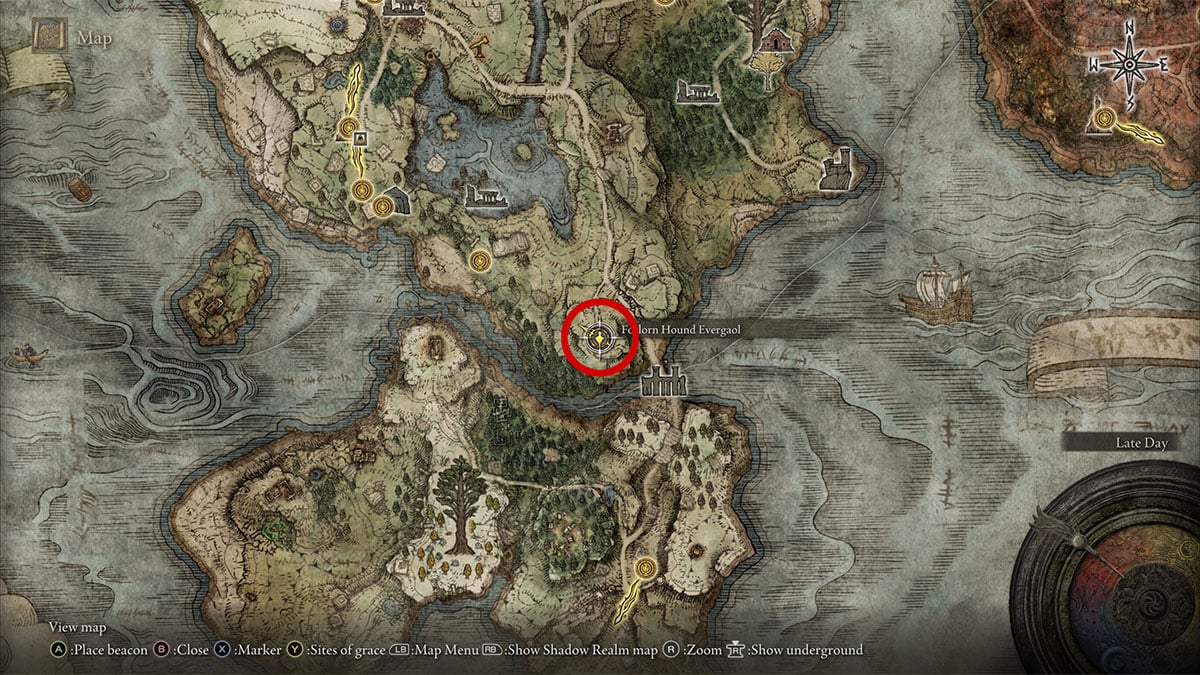 The location of the Forlorn Hound Evergaol in Elden RIng