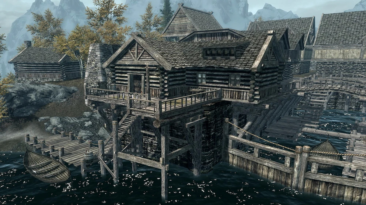 Exterior of Honeyside player home in Riften with private dock and boat in Skyrim