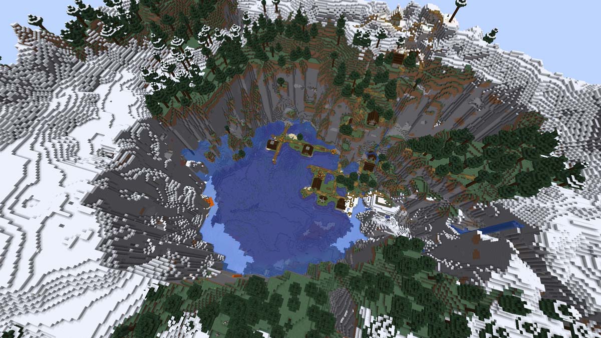 Frozen lake and village in Minecraft
