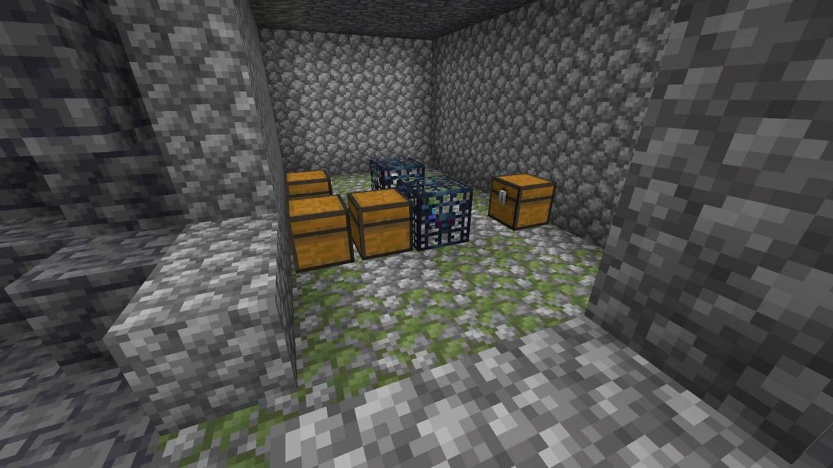 Four treasure chests in a dungeon in Minecraft