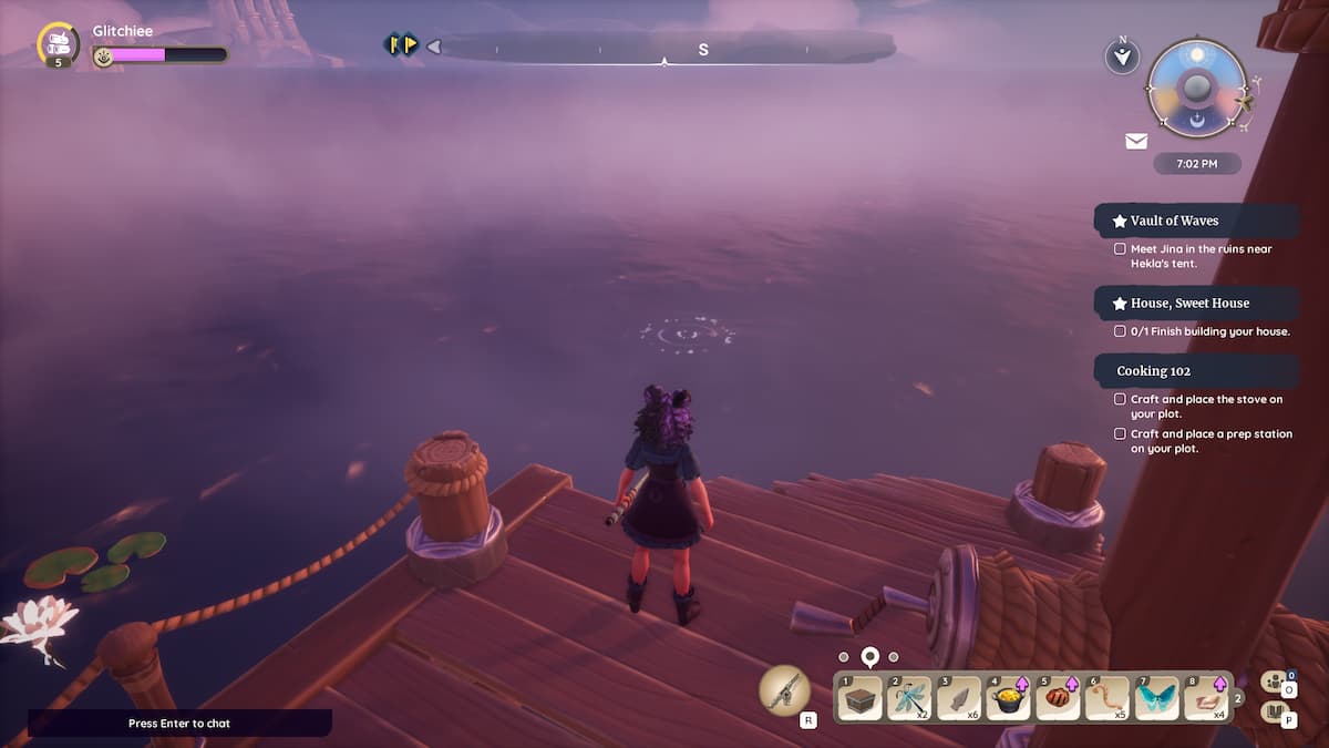 Standing on Lighthouse stairs above rare fish node in Palia. 