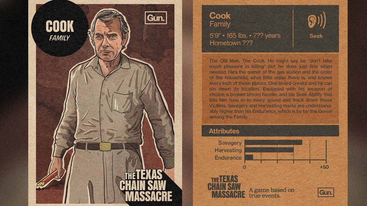 A card detailing Cook's abilities in The Texas Chain Saw Massacre game. 