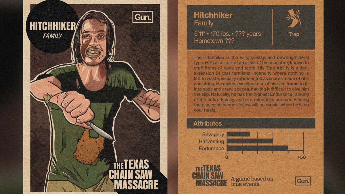 A card detailing Hitchhiker's abilities in The Texas Chain Saw Massacre game. 