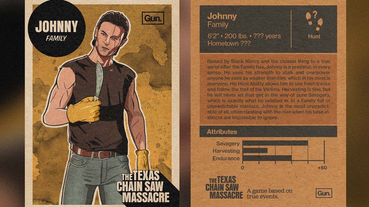 A card detailing Johnny's abilities in The Texas Chain Saw Massacre game. 