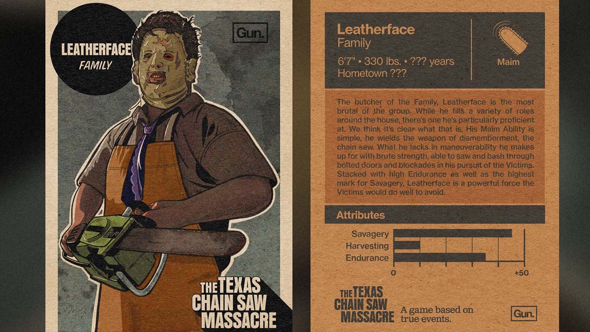 A card detailing Leatherface's abilities in The Texas Chain Saw Massacre game. 