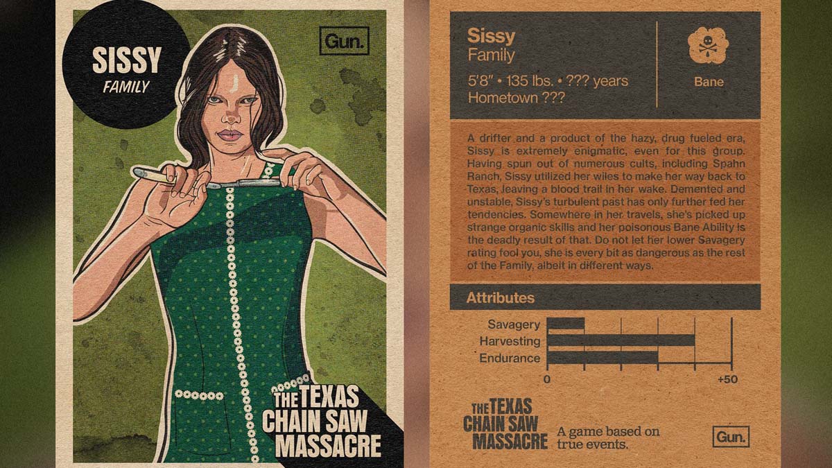 A card detailing Sissy's abilities in The Texas Chain Saw Massacre game. 