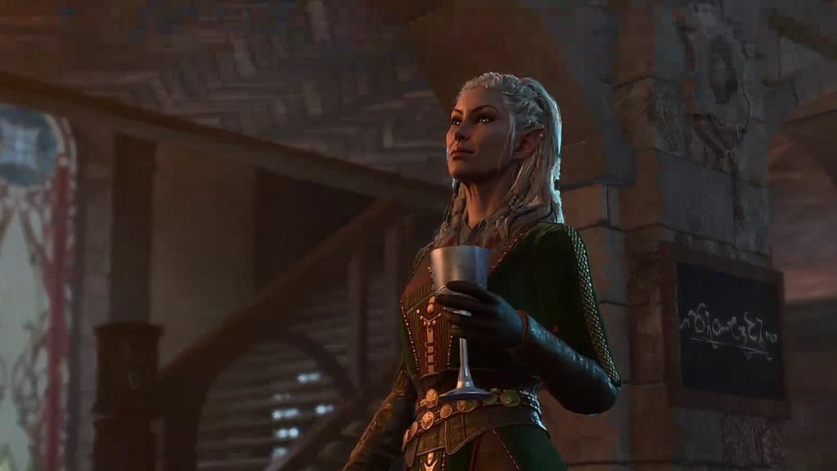 Jaheira holding a goblet
