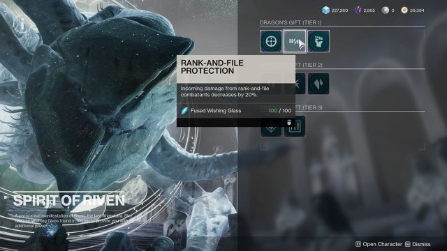 The Dragon's Gift selection menu with Riven in the background.