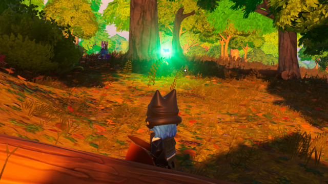 Fortnite LEGO mode screenshot of loot fairy in a forest with a minifigure.