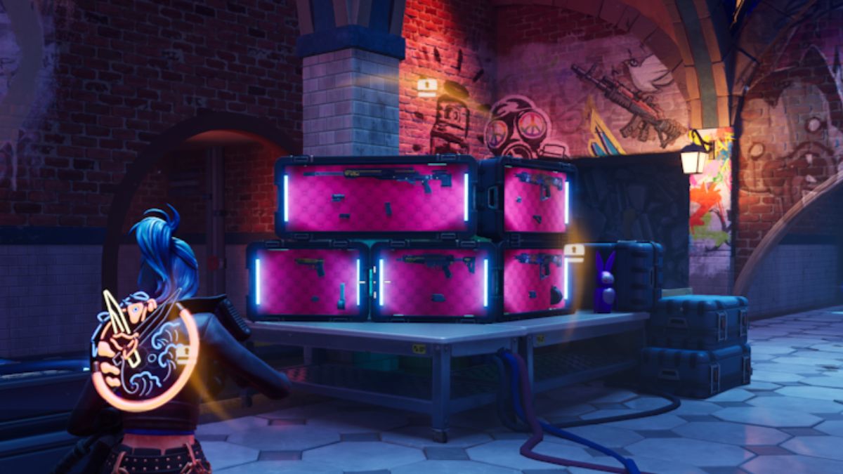 Fortnite Chapter 5 Season 1 weapon case location with weapon case in front of player.