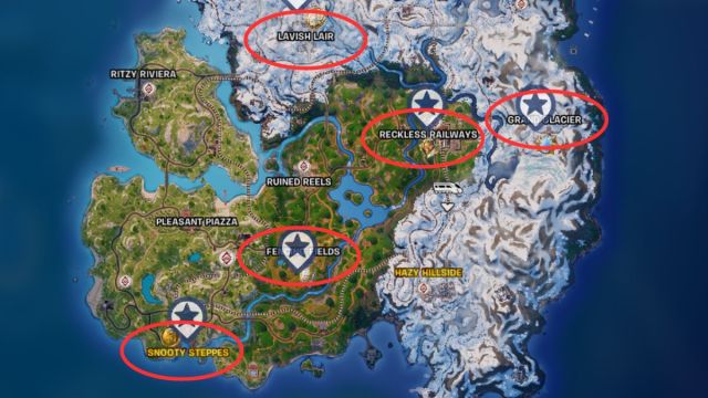 Fortnite Chapter 5 Season 1 map screenshot with medallion locations circled in red.
